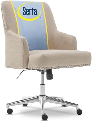 Serta Leighton Home Office Desk Chair, Mid-Back with Chrome Nailheads, Memory Foam Cushion and Padded Arms, Modern Makeup Vanity Armchair with Wheels, Swivel Base, Twill Fabric, Stoneware Beige