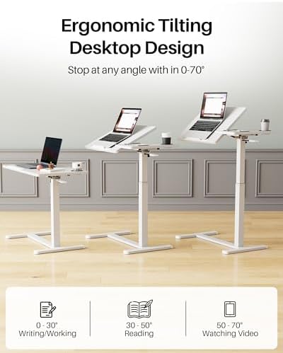Overbed Table with Wheels, Pneumatic Lift, Foldable Top (White)