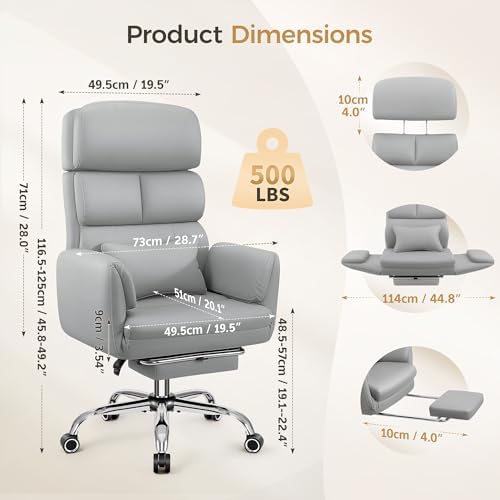 Big and Tall Office Chair 500LBS, Ergonomic High Back Leather Executive Chair, Reclining Swivel with Adjustable Armrests Lumbar Support Footrest, Cross Legged, Light Gray
