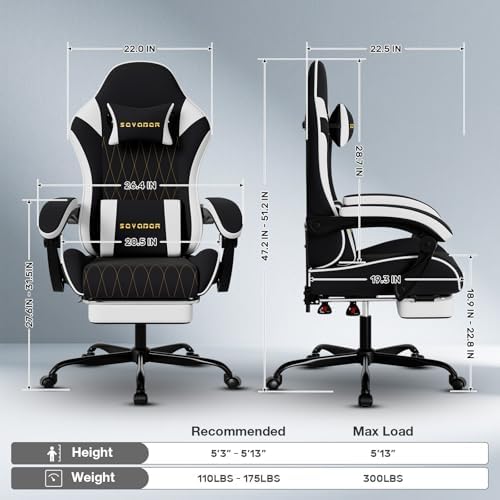 Breathable Fabric Gaming Chair with Footrest, Ergonomic High Back Computer Chair with Gold Diamond Stitching, Height Adjustable Swivel Office Chair with Lumbar Support for Adults,Blackwhite