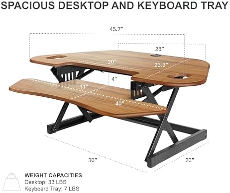 Rocelco 46" Height Adjustable Corner Standing Desk Converter with Dual Monitor Arm Mount Bundle - Sit Stand Up Tabletop Computer Workstation Riser - Extra Large Keyboard Tray - Teak (R CADRT-46-MA2)