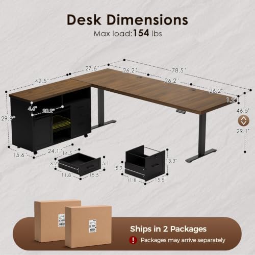 OffiGo 79 Inch Executive L-Shaped Electric Standing Desk, Walnut & Black