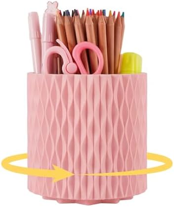 Pink Pen Holder for Desk, 360° Rotating Pencil Organizer, 5 Slots
