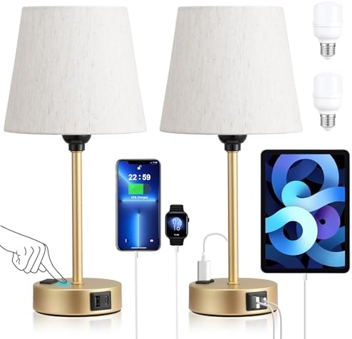 Gold Bedside Lamps Set 2 for Bedroom - Dimmable Touch, USB C+A, AC Outlet