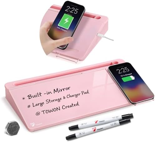 TOWON Glass Desk Whiteboard 17x6 in, Wireless Charger and Storage, Pink