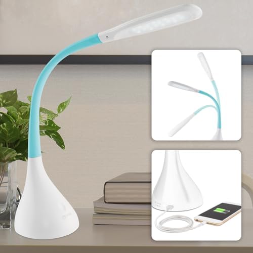 OttLite Creative Curves LED Desk Lamp with USB Port, White with Turquoise