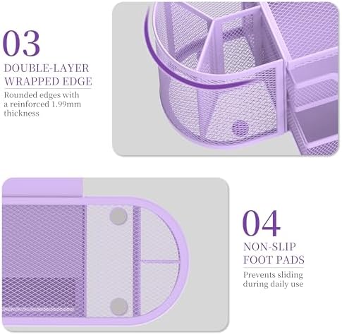 SUPEASY Mesh Desk Organizer, Pen Holder for Desk with 2 Drawers, Purple