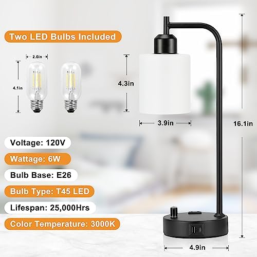 Industrial Bedroom Lamps for Nightstand Set of 2 - Fully Dimmable Bedside Lamps with USB A C Ports and Outlet, Black Table Lamps with Opal Glass Shade for Living Room, Desk Lamps for Office Reading