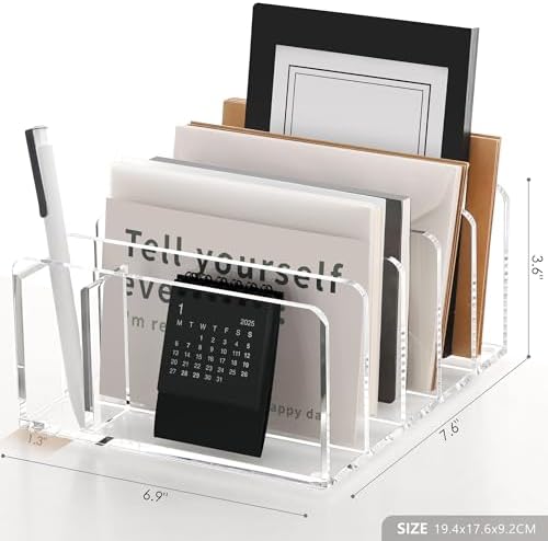 Acrylic Mail Sorter Desk Organizer with Pen Holder, 5 Compartments Clear