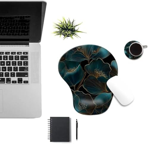 Ergonomic Mouse Pad with Wrist Rest,Comfortable Computer Gel Mouse Pad Wrist Support for Laptop,Pain Relief Mousepad with Non-Slip PU Base Gold Green Plants