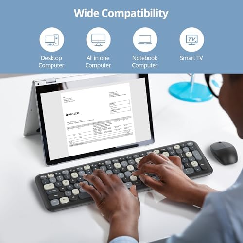 Surmen Colorful Black Quiet Keyboard and Mouse Wireless, Full-Size Girly Slient Keyboard Retro Typewriter Low-Noise 2.4GHz for Computer, Desktop, Laptop (X110-Blend Gray)