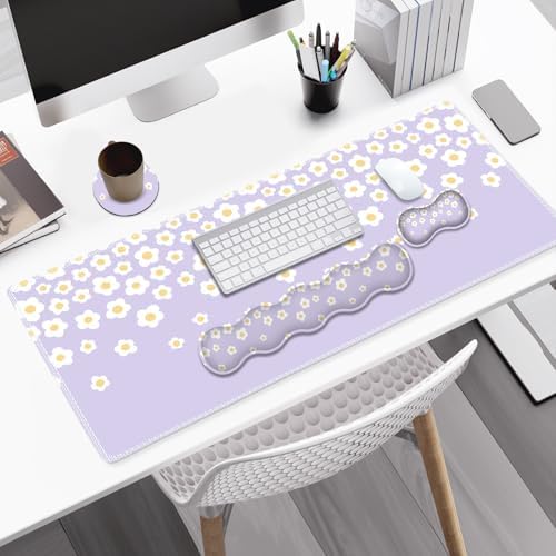 Desk Mat Gaming Mouse Pad, Cute Desk Matt Keyboard Wrist Rest for Desktop, Anti-Slip Mousepad w/Stitched Edges, XXL Large Mouse Pad with Wrist Support for Desk Computer I Lavender Happy Flowers