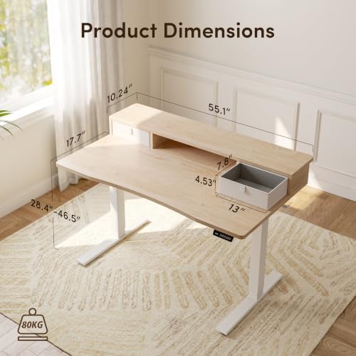 CubiCubi 55 x 28 Inch Electric Standing Desk with 2 Drawers, Maple