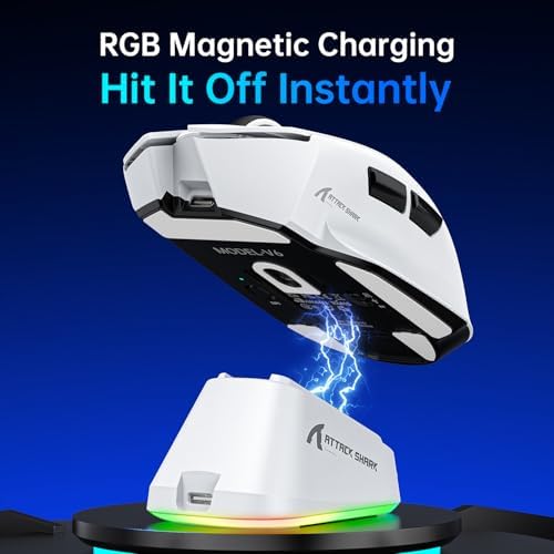 ATTACK SHARK V6 Wireless Gaming Mouse with RGB Charging Dock, 25K DPI PAW3311 Sensor, 1K Polling Tri-Mode Ergonomic PC Mice, 5 Programmable Bottons, Cloud-Based AI Driver for Win/Mac,White