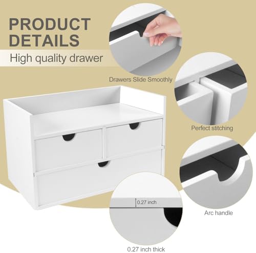 Charmewooden Bamboo Desk Organizer 3 Drawer with Shelf, Countertop Organizer with Drawers Makeup Storage Drawer 3 Drawers Tabletop Storage Organization Box Home Office Workspace（White）