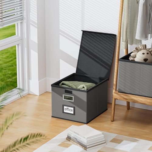 Foldable File Organizer Box with Lids (4 Pack, Dark Gray, Leather)