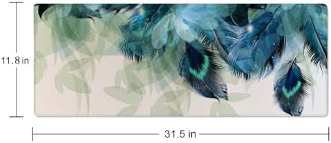 Large Gaming Mouse Pad with Stitched Edges, Desk Pad Extended Keyboard Mat, Non-Slip Rubber Base Mousepads for Laptop, Office, Home, 31.5X11.8 inch Watercolor Peacock Feather