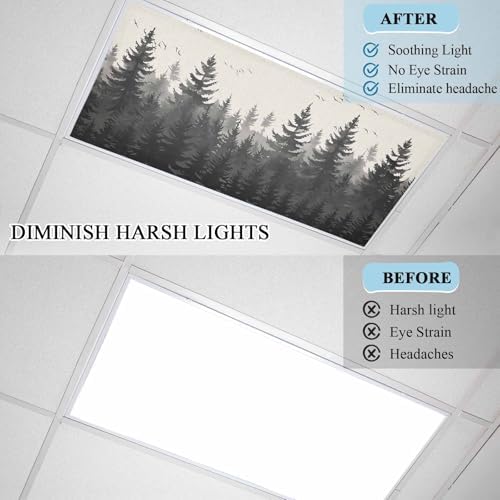 Forest Birds Magnetic Fluorescent Light Covers for Ceiling Lights 2 x 4 Feet,Vintage Pine Tree Animal Landscape Beige Office Classroom Kitchen Drop Ceiling Light Covers Filters Shade Panel 2 Packs