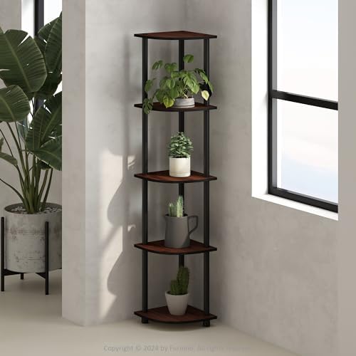 Furinno Turn-N-Tube Storage Shelves, 5-Tier Book Shelf, Corner Shelf, Toolless Open Shelves, for Organization and Storage, Living Room, Home Office, Hallway, Bedroom, Dark Cherry
