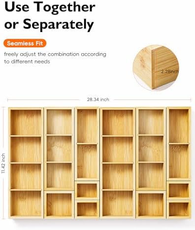 12-Piece Bamboo Drawer Organizer Set, 24 Compartments Modular Storage