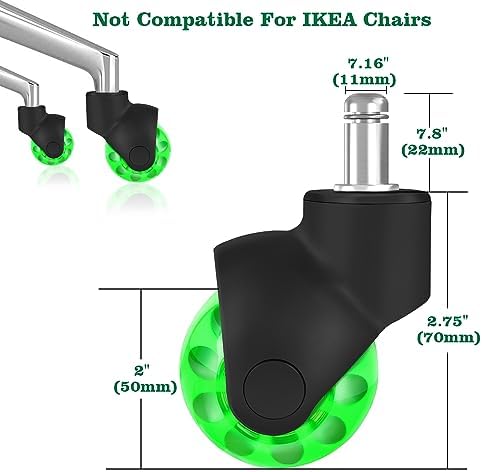 Office Chair Wheels Replacement 2 Inch Rubber Ball Caster Wheels for Wood Floor Carpet Mats, Set of 5, Heavy Duty Desk & Gaming Chair Casters 7/16" (11mm) Grip Ring Stem, Quiet Smooth Rolling (Green)