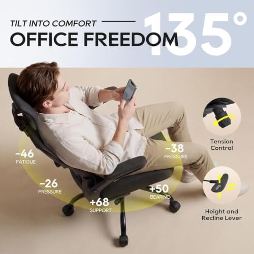 Ergonomic Office Chair for Long Hours, Adjustable Padded Lumbar Support for Lower Back Relief, 330 lb Capacity, Comfortable Computer Desk Chair for Home Office, Work & Study, Black/Black
