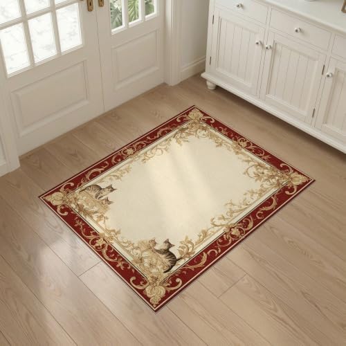 3'x5' Ivory Cat Crimson Motif with Swirls Washable Throw Rug