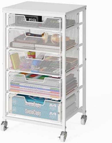 Sbanmao 5 Drawer Mobile File Cabinet, Under Desk Mobile Filing Cabinet with Wheels, Vertical Metal Filing Chest Rolling Small Desk Printer Stand Storage Organization for Home Office, White