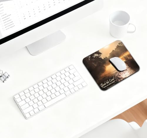 9.5x7.9 Inch Office/Gaming Mouse Pad, Seek The Lord with All Your Heart Christian Bible Verse Scripture Quote, Misty River Landscape at Sunrise Cute Anti-Slip Mat for Desk