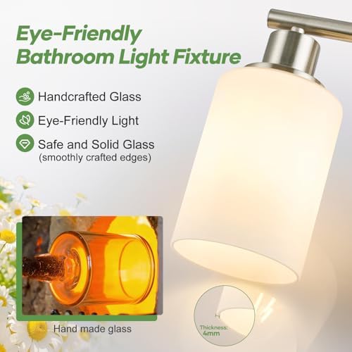 Zarbitta 4-Light Bathroom Light Fixtures, Brushed Nickel Modern Vanity Lights with Milky White Frosted Glass Shades, Bathroom Wall Lamp for Mirror Kitchen Living Room