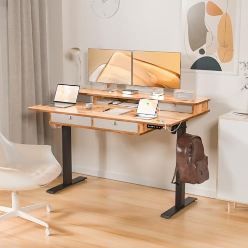55 x 30 Inch Electric Standing Desk with 4 Drawers, Light Rustic