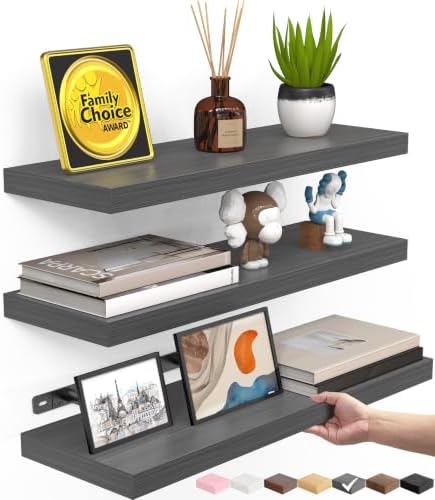 BAYKA Grey Floating Shelves 15.7in, Set of 3, Wall Mounted for Wall Decor