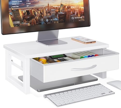 Desk Organizers and Accessories, Computer Monitor Stand Riser with Drawer, White Laptop Stand for Desk with Storage, Office Organization, Wood