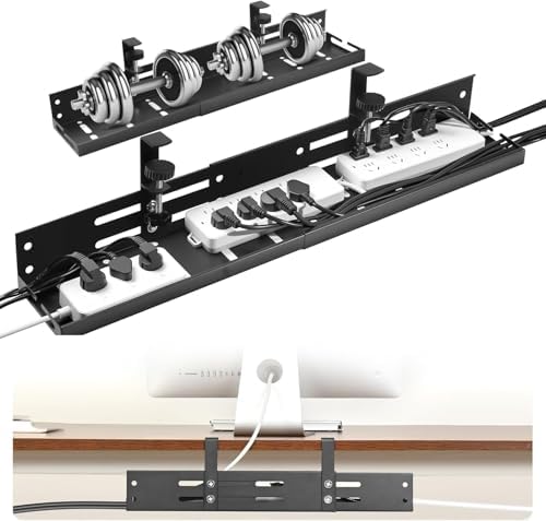 No Drill Under Desk Cable Management Tray, 17”-30” Retractable Cord Organizer for Table, Clamp Mount Wire Basket, Power Strip Holder & Metal Cord Organizer for Office, Home，Black