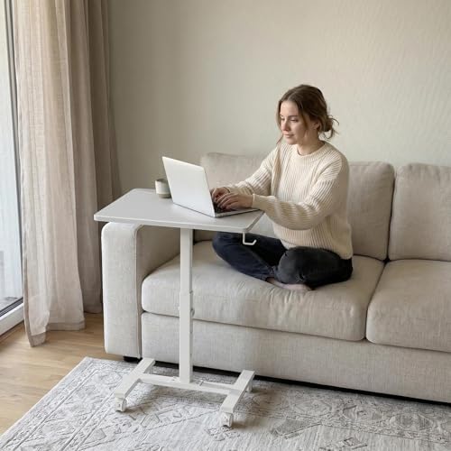 WINAZ Small Portable Rolling Desk Adjustable Height, 24 Inch Mobile Laptop Desk with Wheels for Dorm Room, C-Shaped Table for Sofa and Bed Side, Study Table for Students, White