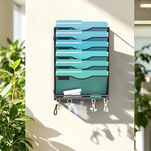 Gawerk 7-Tier Wall File Organizer Hanging Wall File Holder Wall Mount Paper Folder Organize, Mesh Magazine Document Mail Organizer for Office School Home, Black