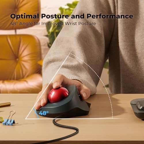 Wired Ergonomic Trackball Mouse for Large Hands, 44mm Index Finger Control