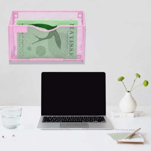 1 Pocket Mesh Wall File Holder Organizer Office Hanging File Folder Magazine Rack, Nametag Label Hooks Set Included (Pink)