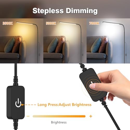 15W Floor Lamp with Touch Control Adjustable Brightness 3500K-7000K 360° Gooseneck LED Floor Lamps Eye-Caring Floor Lamp for Living Room, Bedroom & Office Stepless Dimming Standing Lamp
