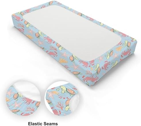 Cartoon Sea Turtle Crabs Starfish Pattern Baby Changing Pad Cover, Unisex Ocean Animals Nursery Diaper Changing Table Pad Mat Sheet for Boys Girls-16x32