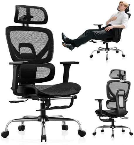 Synorla Ergonomic Office Chair with Footrest, Mesh Desk Chair with 135° Recline, Adjustable Lumbar Support, 3D Armrests and Headrest, Swivel Computer Chair for Home Office