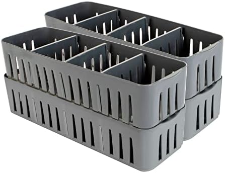 Simplify 2 Pack 4 Compartment Stackable Bin with Adjustable Dividers | Drawer Organizer | Storage Basket | Good for Office | Desk Supplies | Dorm |Bathroom | Accessories | Make Up | Grey