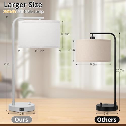 25" Tall Table Lamp with USB C+A Ports, Fully Dimmable Nightstand Lamp