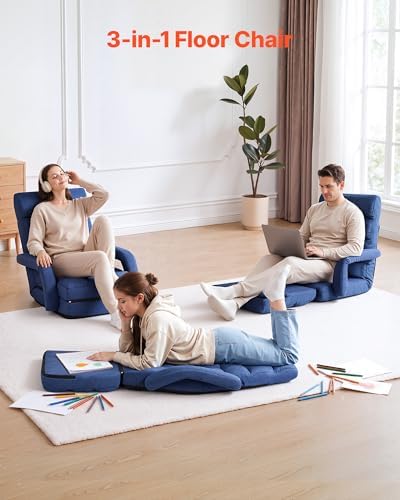 VEVOR Floor Chair, 5 Adjustable Positions Folding Floor Gaming Chair with Back Support, Armrests, and Cushion, Sturdy Metal Frame with Recycled Foam and Linen Fabric, for Reading, Relaxing, Dark Blue
