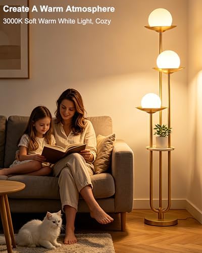 Lightdot 3-Globe Dimmable Floor Lamp with Table Modern Floor Lamps 3000K Warm White Bulbs Included Gold Tall Standing Lamp with 5Lbs Heavy Base for Living Room/Bedroom/Sofa Beside/Corner Decor