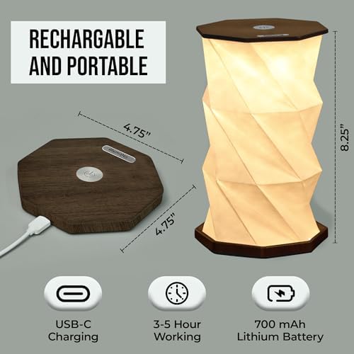 Origami Expanding Foldable LED Desk Lamp – USB Rechargeable & Portable - Dimmable Touch Control Light with Adjustable Height up to 8.25" for Office, Travel, Bedside & Modern Design (Wood Grain)