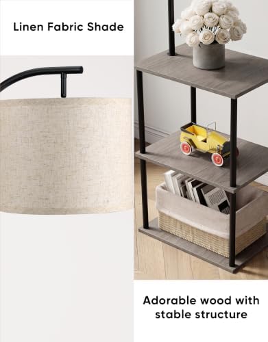 PARTPHONER Floor Lamp with Table, Night Stand with Lamp, Narrow Side Table with 3CCT LED Bulb, Small Coffee Table, Modern End Table with Storage Shelves for Living Room Bedroom, Oak Gray