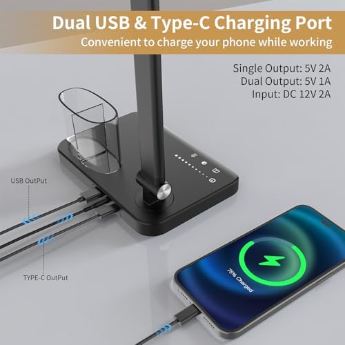 Woputne LED Desk Lamp Dual Heads, Dual USB Port, Height Adjustable, 15W