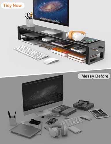 2 Tiers Dual Monitor Stand with Auto Charging Pad, 4 USB 3.0 Hub Ports, Double Monitor Riser, Metal Desk Stand with Storage, Long Screen Raiser for 2 Monitors/PC/Laptop/Computer Space Saver Organizer