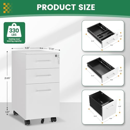 3 Drawer Slim File Cabinet, Mobile File Cabinet with Lock for Home Office, Rolling Narrow File Cabinet, Under Desk Locking Filing Cabinet on Wheels for Legal/Letter/A4 File(Unassembled,White)